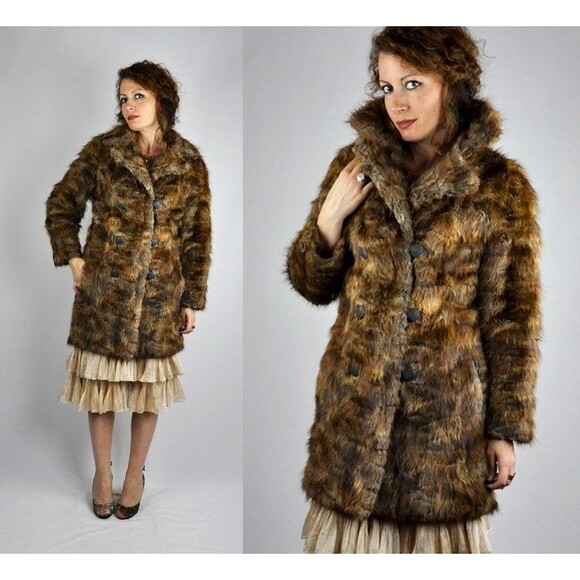 40s Fur Coat Jacket - Double Breast Coat Jacket - Chunky Fluffy Soft Fur XS - S - Picture 1 of 5
